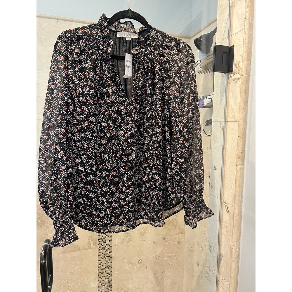 Loft Womens Floral Ruffle Neck Blouse Black Blue Red Long Sleeve M New NWT